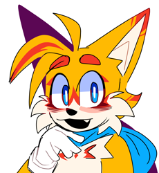 Size: 1888x2048 | Tagged: safe, artist:m3tr0n0m333, miles "tails" prower, beanbrows, eyebrow clipping through hair, flat colors, looking at viewer, mouth open, one fang, scarf, simple background, smile, solo, white background