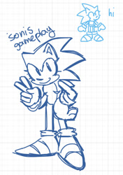 Size: 669x950 | Tagged: safe, artist:son1c, sonic the hedgehog, english text, eyelashes, hand on hip, line art, looking at viewer, sketch, smile, solo, standing, top surgery scars, trans male, transgender, v sign