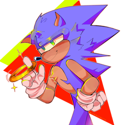 Size: 2048x2048 | Tagged: safe, artist:llegato, sonic the hedgehog, chest fluff, hand on hip, lidded eyes, looking at viewer, ring, semi-transparent background, smile, smug, solo, sparkles, spinning object, standing, top surgery scars, trans male, transgender