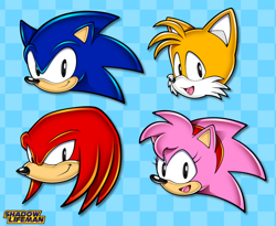 Size: 1500x1230 | Tagged: safe, artist:shadowlifeman, amy rose, knuckles the echidna, miles "tails" prower, sonic the hedgehog, 2023, checkered background, classic amy, classic knuckles, classic sonic, classic tails, group, head only, icon, looking at viewer, mouth open, signature, smile, team sonic, uekawa style