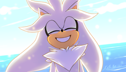 Size: 1000x571 | Tagged: safe, artist:ketlike, silver the hedgehog, 2021, abstract background, blushing, chest fluff, clenched teeth, cute, daytime, eyes closed, neck fluff, outdoors, signature, smile, solo, standing, water