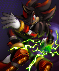 Size: 1224x1468 | Tagged: safe, artist:void-of-erecius, shadow the hedgehog, abstract background, chaos emerald, clenched teeth, electricity, glowing eyes, holding something, looking at viewer, solo, speedpaint available, speedpaint in description