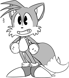 Size: 1280x1444 | Tagged: safe, artist:alomaire, miles "tails" prower, flat colors, greyscale, looking offscreen, monochrome, simple background, smile, solo, standing, white background