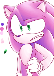 Size: 1280x1810 | Tagged: safe, artist:alomaire, sonic the hedgehog, oc, oc:sakura sonic, clenched teeth, color swap, hand on hip, looking offscreen, signature, simple background, solo, standing, white background