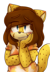 Size: 1280x1841 | Tagged: safe, artist:alomaire, oc, oc:alomair, cheetah, arms folded, blushing, clenched teeth, clothes, eye clipping through hair, eyebrow clipping through hair, head rest, oc only, shirt, simple background, smile, solo, transparent background