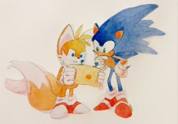 Size: 2048x1435 | Tagged: safe, artist:studioboner, miles "tails" prower, sonic the hedgehog, clenched teeth, duo, finger under chin, holding something, looking at something, miles electric, smile, standing, watercolor