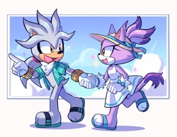 Size: 2048x1590 | Tagged: safe, artist:loulubally, blaze the cat, silver the hedgehog, shipping, silvaze, straight, summer