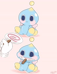 Size: 3189x4096 | Tagged: safe, artist:piink-rose, chao, 2024, candy, comic, eating, food, lollipop, neutral chao, pink background, simple background, sitting