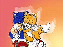 Size: 600x450 | Tagged: safe, artist:amysonicforever, miles "tails" prower, sonic the hedgehog, 2021, cute, duo, eyes closed, gradient background, hugging, signature, sitting, smile