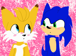 Size: 600x444 | Tagged: safe, artist:nineprower18, miles "tails" prower, nine, sonic the hedgehog, sonic prime, 2024, abstract background, blushing, duo, frown, gay, looking at each other, nine x sonic, shipping, standing