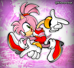 Size: 2416x2208 | Tagged: safe, artist:kitarehamakura, amy rose, sonic adventure, 2023, abstract background, adventure pose, alternate universe, au:roseverse, looking at viewer, mouth open, outline, signature, smile, solo, uekawa style