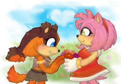 Size: 2744x1900 | Tagged: safe, artist:pupisuwu, amy rose, sticks the badger, 2024, abstract background, amybetes, blushing, clenched teeth, clouds, cute, daytime, duo, flower, flower bouquet, heart, holding something, lesbian, looking at something, looking at them, outdoors, shipping, smile, standing, stickabetes, sticksamy