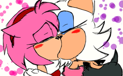 Size: 665x413 | Tagged: safe, artist:rougamylover8, amy rose, rouge the bat, 2012, abstract background, blushing, duo, eyes closed, floppy ears, holding each other, kiss, lesbian, rougamy, shipping