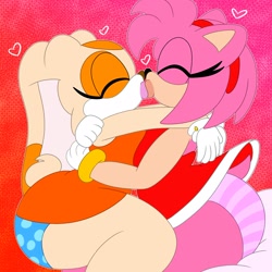 Size: 2048x2048 | Tagged: suggestive, artist:3barts, amy rose, cream the rabbit, 2021, abstract background, amream, bootyfull amy, bootyfull cream, duo, eyes closed, flat colors, heart, holding each other, kiss, large butt, lesbian, outline, panties, shipping, sitting, upskirt