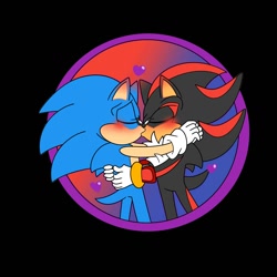 Size: 1500x1500 | Tagged: safe, artist:minakonekota16, shadow the hedgehog, sonic the hedgehog, 2023, black background, blushing, blushing ears, duo, eyes closed, flat colors, gay, heart, heart nose, holding each other, kis, shadow x sonic, shipping, simple background, standing