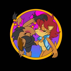 Size: 1500x1500 | Tagged: safe, artist:minakonekota16, nicole the hololynx, sally acorn, 2023, black background, blushing, duo, eyes closed, hanging, holding each other, kiss, lesbian, nicole x sally, shipping, simple background, smile, standing, upside down