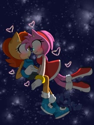 Size: 768x1024 | Tagged: safe, artist:adventure918, amy rose, sally acorn, 2024, abstract background, blushing, cute, duo, heart, lesbian, looking at each other, mid-air, mouth open, sallamy, shipping, smile, star (sky)