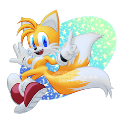 Size: 927x874 | Tagged: safe, artist:rosypumpkin, miles "tails" prower, 2020, looking at viewer, mouth open, pointing, posing, redraw, semi-transparent background, signature, smile, solo, star (symbol), watermark