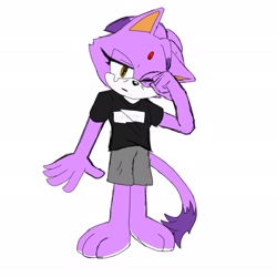 Size: 2048x2048 | Tagged: safe, artist:blaze-the-cat2006, blaze the cat, 2024, :|, alternate outfit, barefoot, lidded eyes, one eye closed, paws, pijamas, rubbing eye, shirt, shorts, simple background, solo, standing, tears, tired, white background