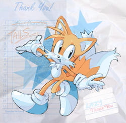 Size: 545x532 | Tagged: safe, artist:lazydayslivin, miles "tails" prower, abstract background, blue shoes, blue tongue, blushing, character name, cute, english text, eyelashes, looking at viewer, mouth open, smile, solo, star (symbol), tailabetes