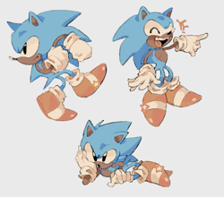 Size: 673x591 | Tagged: safe, artist:lazydayslivin, sonic the hedgehog, blushing, classic sonic, frown, grey background, head rest, laughing, looking offscreen, lying on side, mouth open, simple background, smile, solo, standing on one leg, star (symbol), top surgery scars, trans male, transgender