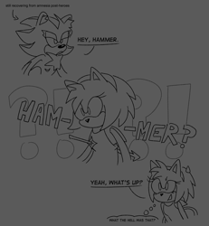 Size: 1200x1300 | Tagged: safe, artist:deimostes, amy rose, shadow the hedgehog, oc, oc:hammer the hedgehog, arrow, dialogue, duo, english text, grey background, lidded eyes, line art, simple background, smile, speech bubble, sweatdrop, thought bubble, top surgery scars, trans boy amy, trans boy shadow, trans male, transgender