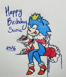 Size: 568x665 | Tagged: safe, artist:spinsun, sonic the hedgehog, birthday, cake, cape, crown, cute, english text, eyes closed, fork, holding something, plate, signature, sitting, smile, solo, tongue out, traditional media