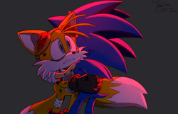 Size: 2016x1296 | Tagged: safe, artist:suzienightsky, miles "tails" prower, sonic the hedgehog, 2024, alternate outfit, alternate universe, duo, gay, goggles, grey background, hugging, shipping, simple background, sonic x tails, standing