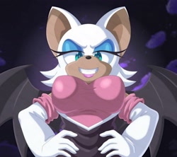 Size: 2000x1778 | Tagged: suggestive, artist:rockmangrave, rouge the bat, clouds, from below, grin, looking down at viewer, nighttime, outside, rouge's heart top