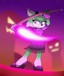 Size: 1692x2000 | Tagged: safe, artist:mechathetecha, clove the pronghorn, pumpkin hill, dress, gradient background, halloween outfit, nighttime, scythe, this will end in a boss fight, watermark