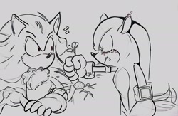 Size: 2048x1332 | Tagged: safe, artist:123puppy, mighty the armadillo, shadow the hedgehog, blushing, blushing ears, daisy (flower), duo, flower, frown, gay, grey background, holding something, line art, looking at each other, mightadow, nervous, offering flower, shipping, shrunken pupils, simple background, standing, surprised, wagging tail, weed (plant)