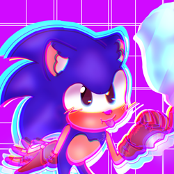 Size: 1280x1280 | Tagged: safe, artist:reilovesstars, sonic the hedgehog, sonic prime, abstract background, balancing object, bending over, blushing, cute, eyestrain, looking offscreen, paradox prism, redraw, smile, solo, sonabetes, tongue out