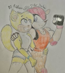 Size: 1816x2048 | Tagged: safe, artist:lazyspeedster93, mighty the armadillo, ray the flying squirrel, alternate outfit, arm around shoulders, clothes, duo, gay, holding each other, looking at each other, mightay, pencilwork, shipping, signature, smile, traditional media, walking