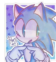 Size: 1800x2000 | Tagged: safe, artist:pretzy, sonic the hedgehog, blushing, cute, fingers together, looking away, looking offscreen, modern sonic, mouth open, nervous, outline, semi-transparent background, signature, solo, sonabetes, star (symbol), sweatdrop