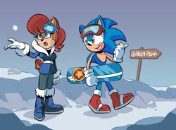 Size: 2000x1474 | Tagged: safe, artist:chauvels, sally acorn, sonic the hedgehog, goggles, outdoors, sign, snowboard, snowflake, winter