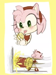 Size: 1536x2048 | Tagged: safe, artist:gomadango0033, amy rose, 2024, blush, comic, food, fruit, lemon, licking, meme, piko piko hammer, solo, thour, tongue out