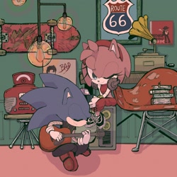 Size: 2048x2048 | Tagged: safe, artist:gomadango0033, amy rose, sonic the hedgehog, 2024, amy x sonic, chair, duo, guitar, holding something, indoors, playing music, shipping, sitting, skateboard, straight