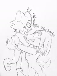 Size: 1536x2048 | Tagged: safe, artist:lazyspeedster93, gadget the wolf, knuckles the echidna, blushing, carrying them, cute, duo, eyes closed, gadgebetes, gadget x knuckles, gay, knucklebetes, line art, looking at them, mouth open, one fang, pencilwork, shipping, signature, simple background, smile, standing, traditional media, white background