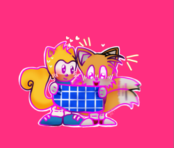 Size: 639x544 | Tagged: safe, artist:reilovesstars, miles "tails" prower, ray the flying squirrel, blanket, blushing, classic tails, cute, duo, gay, heart, holding something, mouth open, outline, pink background, rayabetes, shipping, simple background, smile, standing, tailabetes, tailray