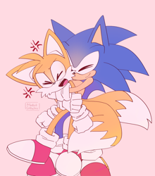 Size: 1804x2048 | Tagged: safe, artist:modist07, miles "tails" prower, sonic the hedgehog, cross popping vein, cute, duo, eyes closed, flat colors, hugging, hugging from behind, mouth open, pink background, signature, simple background, smile, sonabetes, standing, tailabetes