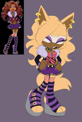 Size: 1716x2550 | Tagged: safe, artist:gh0stfl0wer, whisper the wolf, alternate outfit, clawdeen wolf, cosplay, crossover, hands on hips, monster high, one fang, purple background, reference inset, simple background, smile, solo, standing