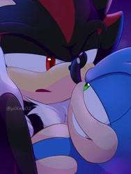 Size: 1536x2048 | Tagged: safe, artist:yilxma02, shadow the hedgehog, sonic the hedgehog, 2024, clenched teeth, close-up, duo, frown, gay, holding them, lidded eyes, looking at each other, mouth open, shadow x sonic, shipping, signature, smile