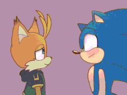 Size: 1056x792 | Tagged: safe, artist:navarritoart, miles "tails" prower, nine, sonic the hedgehog, sonic prime, 2024, animated, beige background, blushing, cute, duo, eyes closed, gay, gif, hands on another's face, kiss, kiss on cheek, looking at each other, nine x sonic, shipping, simple background, sonic x tails, standing, wagging tail