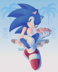 Size: 1404x1746 | Tagged: safe, artist:jazzmm15, sonic the hedgehog, green hill zone, 2024, abstract background, chili dog, food, gradient background, holding something, looking offscreen, modern sonic, mouth open, palm tree, signature, sitting, solo, totem pole