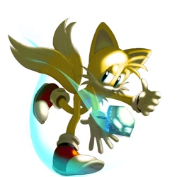 Size: 1200x1200 | Tagged: safe, artist:firepowur, miles "tails" prower, 2024, chaos emerald, holding something, looking at viewer, running, simple background, smile, solo, thumbs up, white background