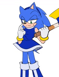 Size: 1000x1300 | Tagged: safe, artist:sakana_wo_kuu, sonic the hedgehog, 2024, amy's halterneck dress, cosplay, piko piko hammer, simple background, solo, white background