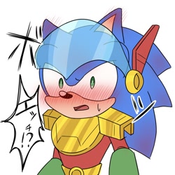 Size: 1000x1001 | Tagged: safe, artist:sakana_wo_kuu, sonic the hedgehog, zonic the zone cop, 2024, blushing, japanese text, simple background, solo, white background