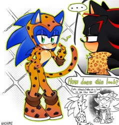 Size: 1020x1071 | Tagged: safe, artist:61chami, shadow the hedgehog, sonic the hedgehog, ..., cheetah costume, duo, english text, shadow x sonic, shipping, sonic rivals 2