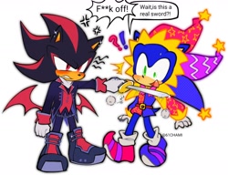 Size: 1276x978 | Tagged: safe, artist:61chami, shadow the hedgehog, sonic the hedgehog, angry, duo, english text, holding something, idol shadow, jester outfit, jester sonic, speech bubble, sword