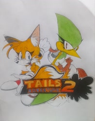 Size: 1604x2048 | Tagged: safe, artist:transgender-battlekukku, miles "tails" prower, speedy, sonic adventure 2, duo, english text, logo, looking at viewer, posing, smile, traditional media